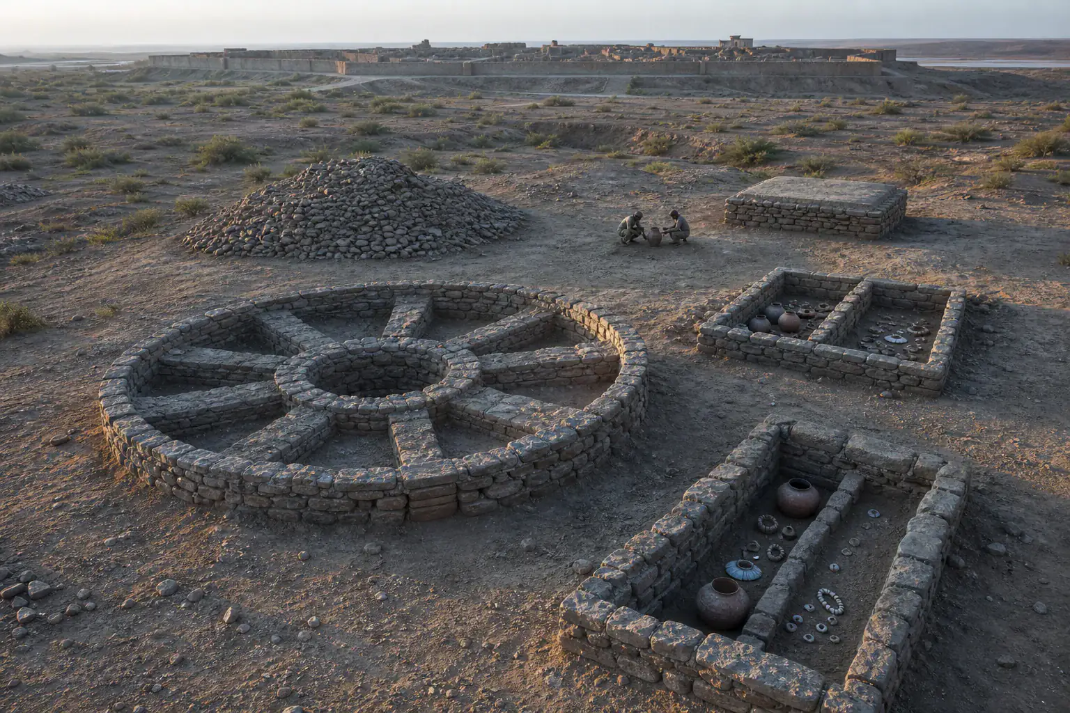Recreación histórica específica de Tumbas, cenotafios y memoria en piedra, Dholavira, Gujarat, India, ca. 2600–1900 a. C.