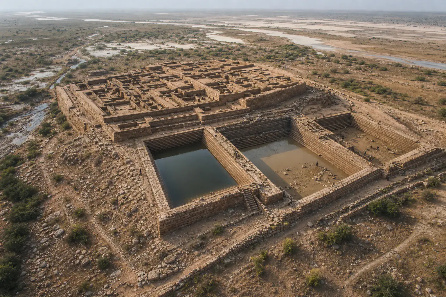 Recreación histórica específica de Dholavira talló agua en piedra, Dholavira, Gujarat, India, ca. 3000–1500 a. C.; apogeo ca. 2600–1900 a. C.