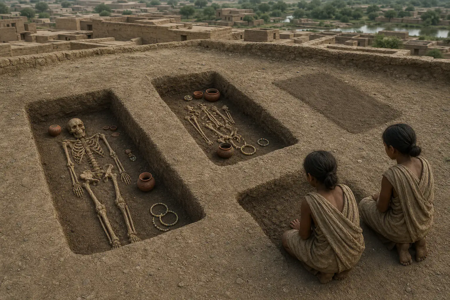 Recreación histórica específica de Los cuerpos complican el mapa urbano, Harappa, Punyab, Pakistán, ca. 2600–1900 a. C.