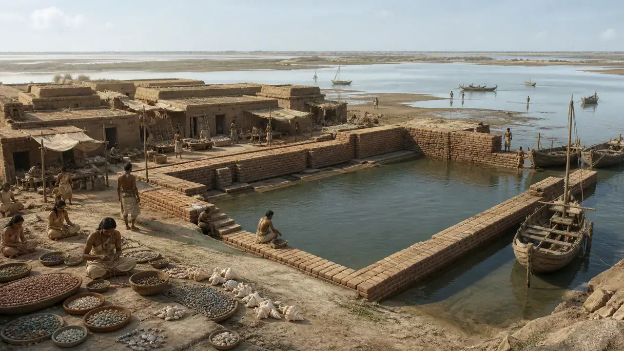 Recreación histórica específica de El gran estanque de Lothal, Lothal, Gujarat, India, ca. 2400–1600 a. C.