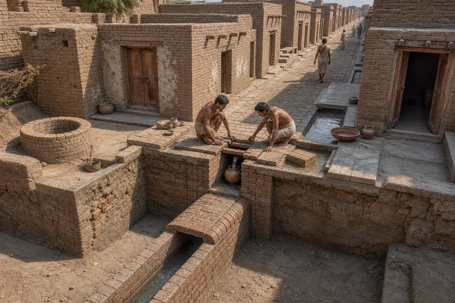 Recreación histórica específica de Mohenjo-daro bajo los pies, Mohenjo-daro, Sindh, Pakistán, ca. 2600–1900 a. C.