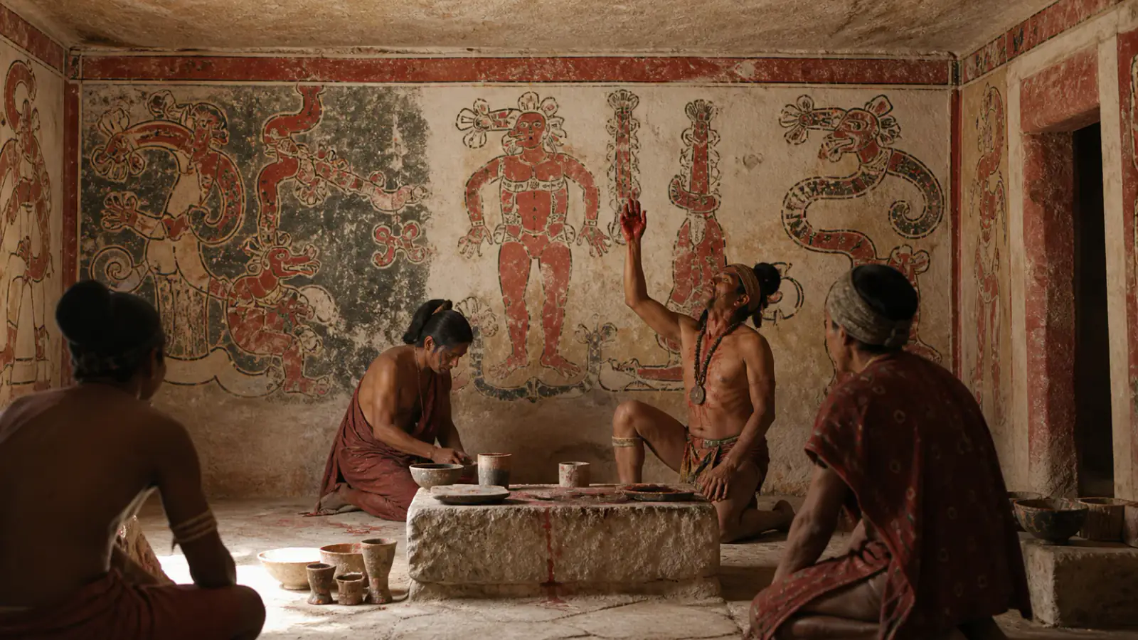 Detalle contextual de Pintar el origen del orden en una habitación sellada, asociado a la tarjeta Ritual, cosmología y espacios sagrados
