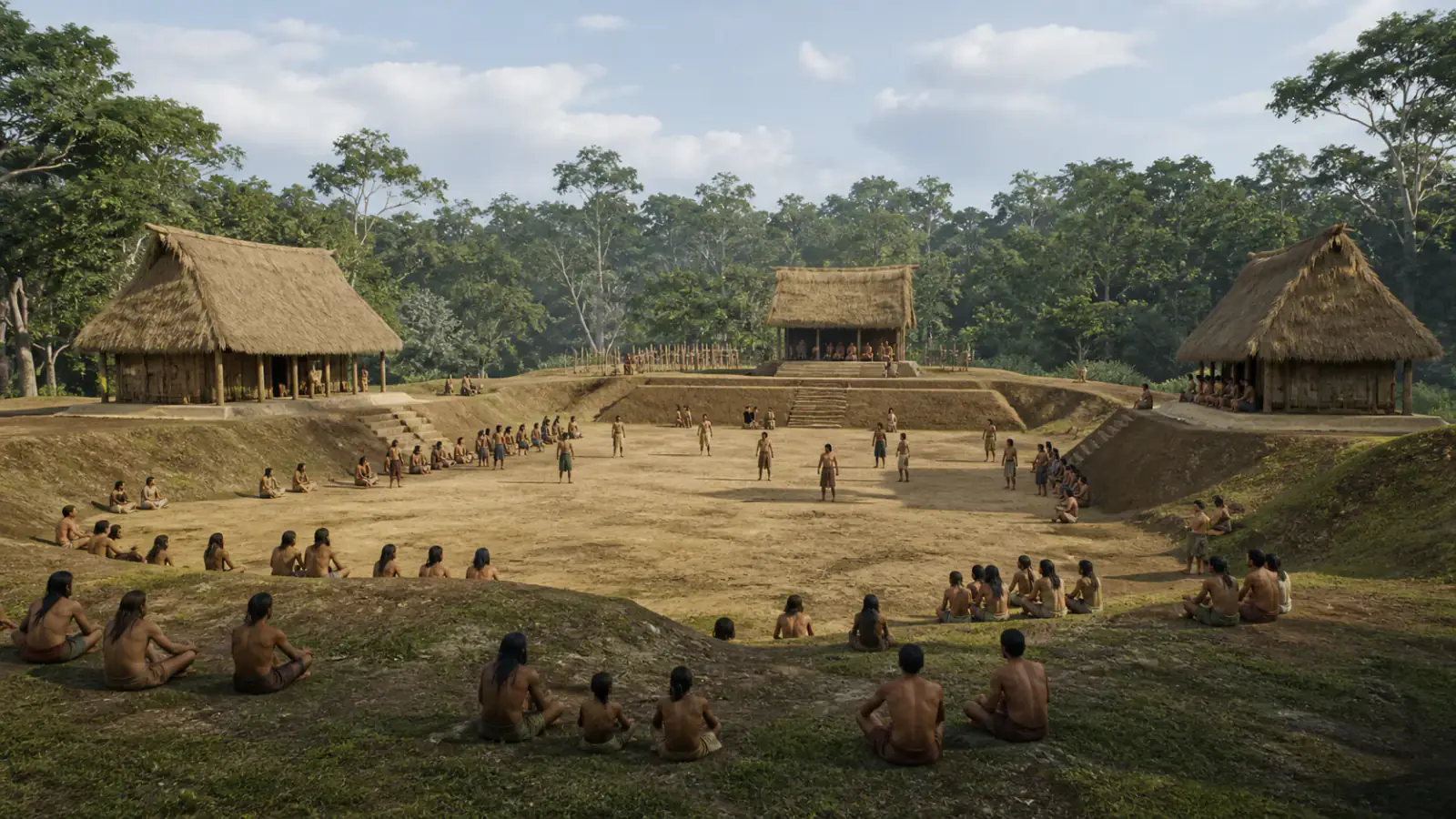 Recreación histórica específica de Una ceremonia pública antes de la ciudad dinástica, Ceibal, Petén, Guatemala, c. 950 a. C.