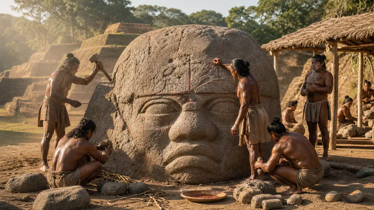Recreación histórica específica de Un rostro individual tallado sobre un antiguo trono, San Lorenzo Tenochtitlán, Veracruz, México, c. 1200–900 a. C.