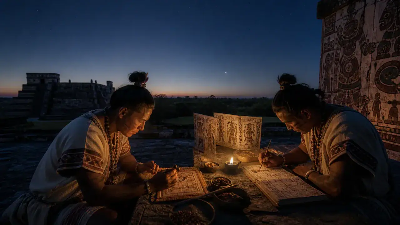 Recreación histórica específica de Cinco ciclos para volver casi al mismo cielo, Norte de Yucatán, procedencia probable; hoy Dresde, Alemania, Manuscrito conservado: Posclásico, probablemente siglos XIII–XIV; saber anterior