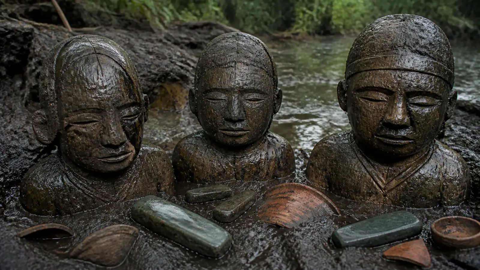Recreación histórica específica de El Manatí: cuerpos ofrecidos donde el agua preservó lo imposible, El Manatí, Veracruz, México, c. 1600–1000 a. C., en varias fases