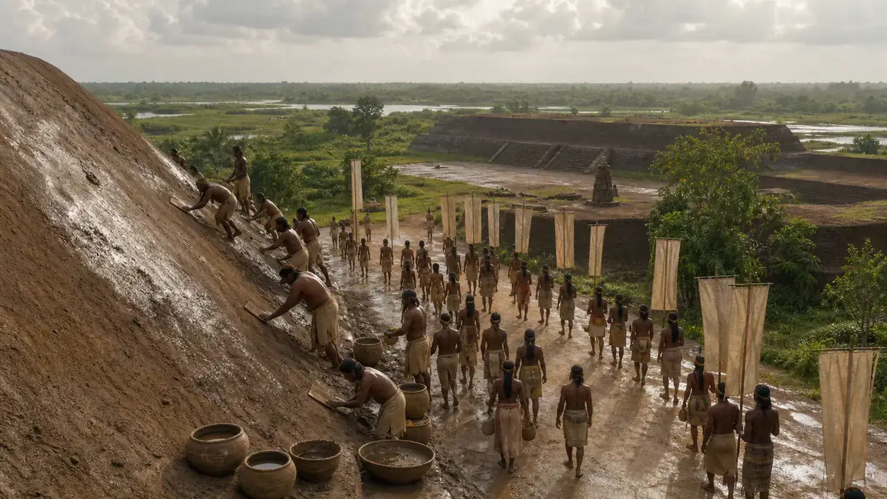 Recreación histórica específica de Una ciudad ceremonial orientada sin sillería monumental, La Venta, Tabasco, México, c. 900–400 a. C.