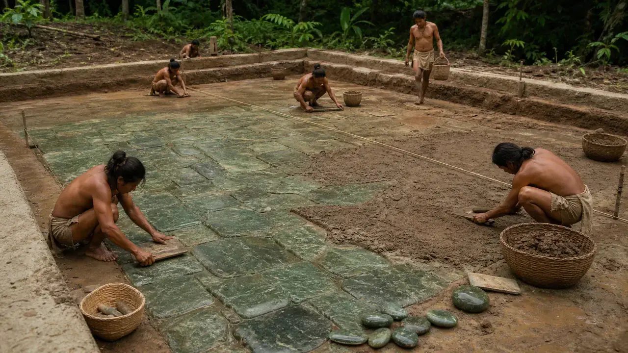 Recreación histórica específica de Una máscara de piedra verde construida para volver a ocultarse, Complejo A de La Venta, Tabasco, México, c. 900–600 a. C.