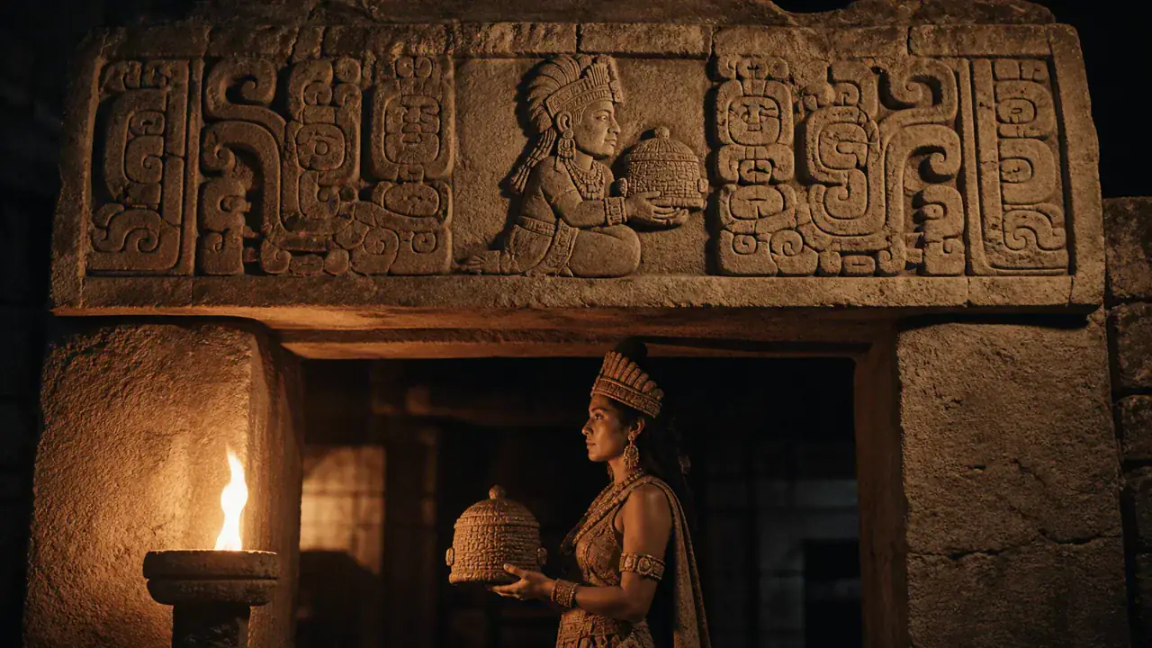 Recreación histórica específica de La señora que sostuvo el rito bajo una puerta, Estructura 23, Yaxchilán, Chiapas, México, Rito: 709 d. C.; talla: c. 723–726 d. C.