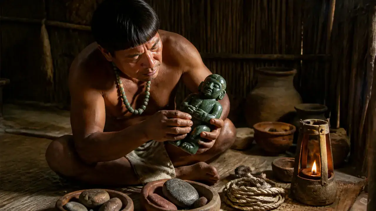 Recreación histórica específica de El joven que sostiene una criatura transformada, Las Limas, Veracruz, México, c. 1000–600 a. C.