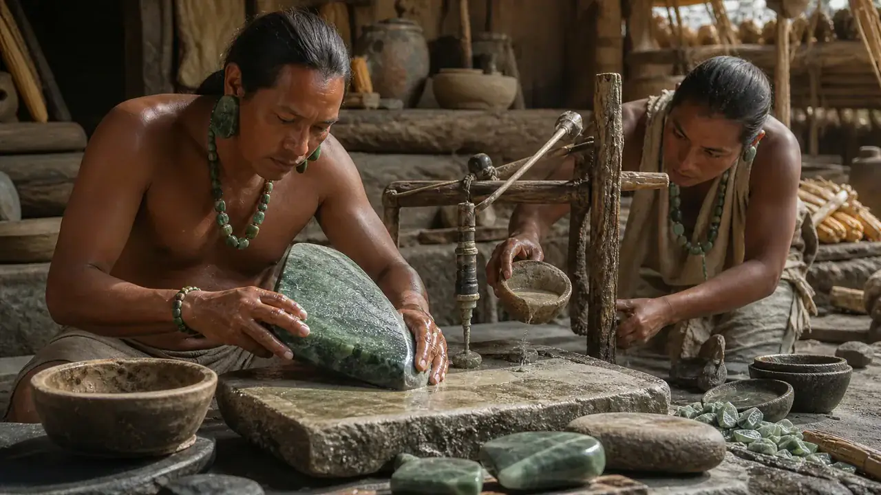 Recreación histórica específica de Una hacha sin golpe convertida en brote de maíz, Mesoamérica; jadeíta de la cuenca del Motagua, Guatemala, c. 900–600 a. C.