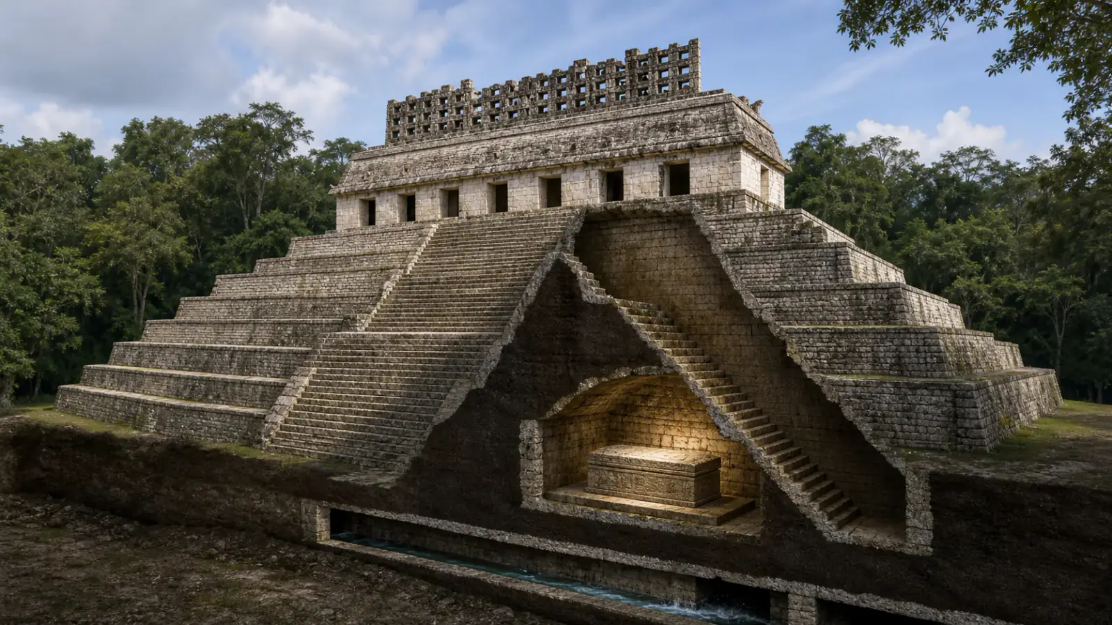 Recreación histórica específica de Una tumba sellada sobre el curso del agua, Palenque, Chiapas, México, Pakal: 603–683 d. C.; templo y tumba del siglo VII