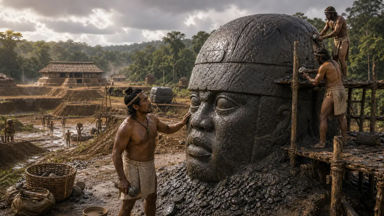 Recreación histórica específica de San Lorenzo: millones de cargas de tierra sobre la llanura, San Lorenzo Tenochtitlán, Veracruz, México, Apogeo c. 1200–900 a. C.; antecedentes desde c. 1500 a. C.