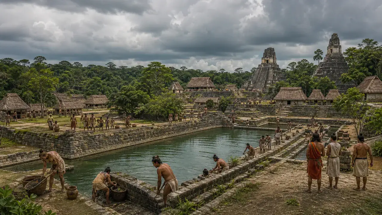 Recreación histórica específica de Reservorios para una ciudad sin río, Tikal, Petén, Guatemala, Desarrollo principal c. 250–850 d. C.