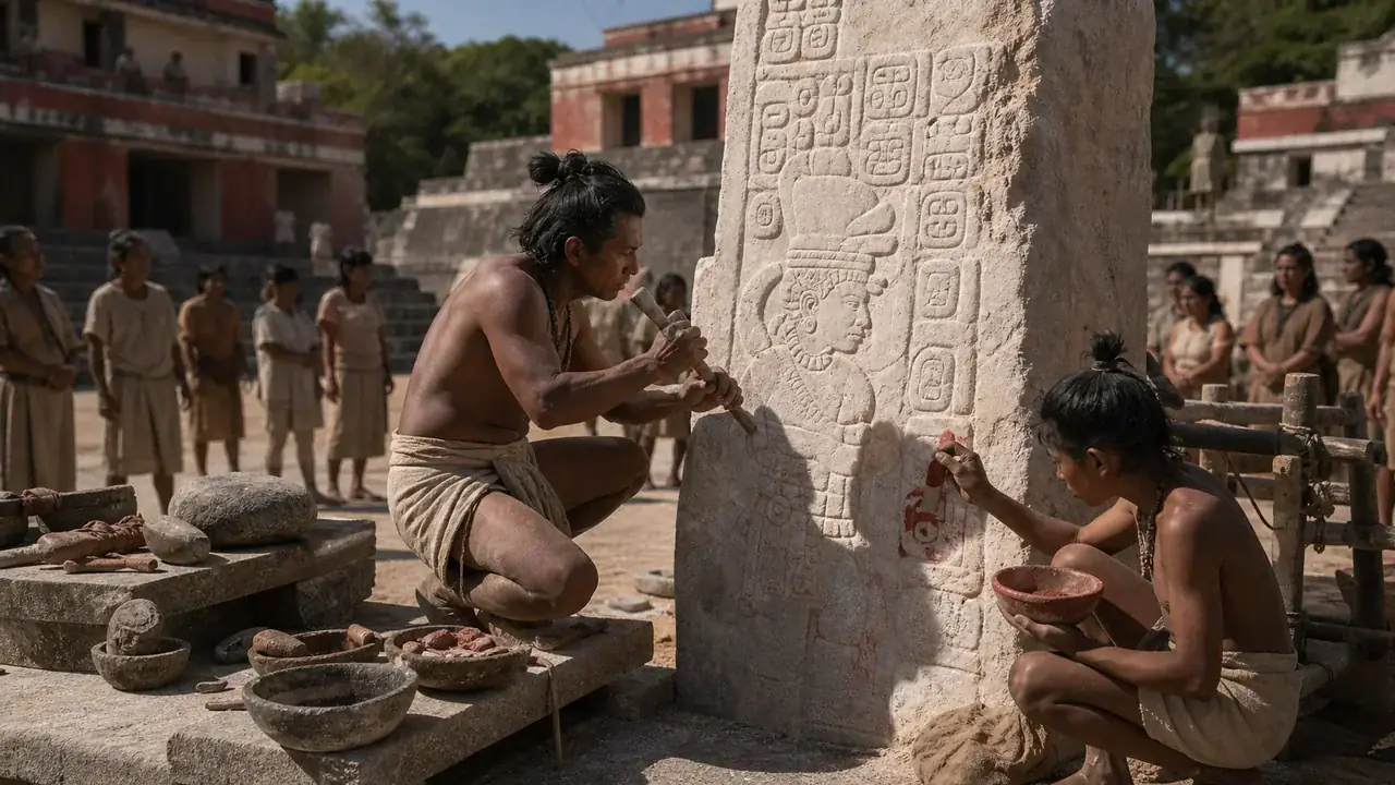 Recreación histórica específica de Estela 29: un día fijado en la Cuenta Larga, Tikal, Petén, Guatemala, 292 d. C.