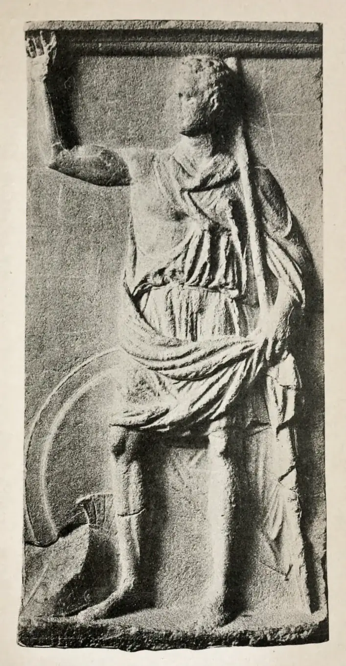 Lámina de 1881 de un molde del relieve de Kleitor tradicionalmente relacionado con Polibio