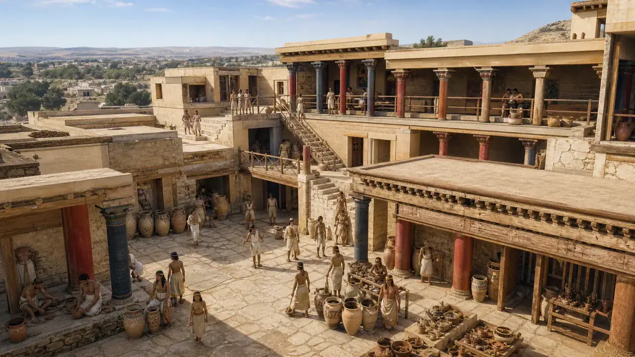 Recreación histórica específica de El palacio que no fue sólo palacio, Knossos, Creta, Grecia, desde ca. 1900 a. C.