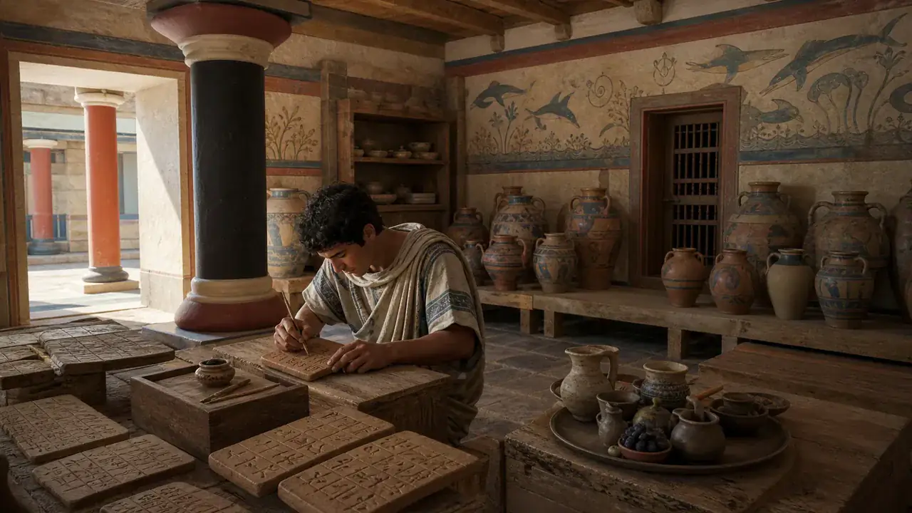 Recreación histórica específica de Aceite para dioses y personal del palacio, Knossos, Creta, Grecia, ca. 1375 a. C.