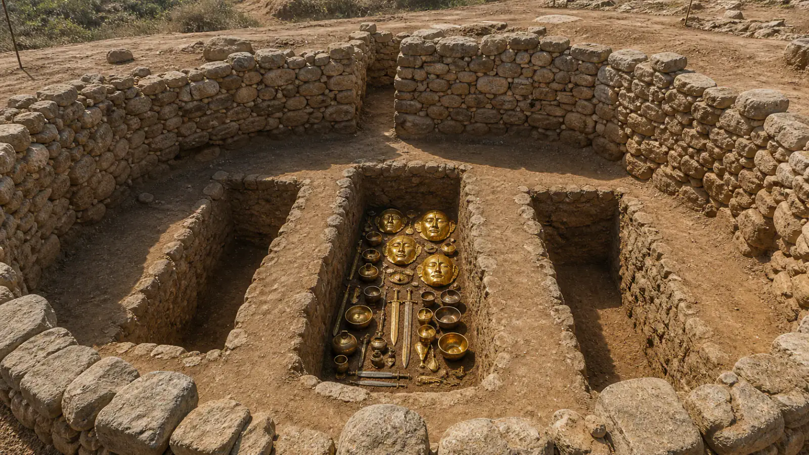 Recreación histórica específica de Oro bajo Micenas, Micenas, Argólida, Grecia, ca. 1600–1500 a. C.