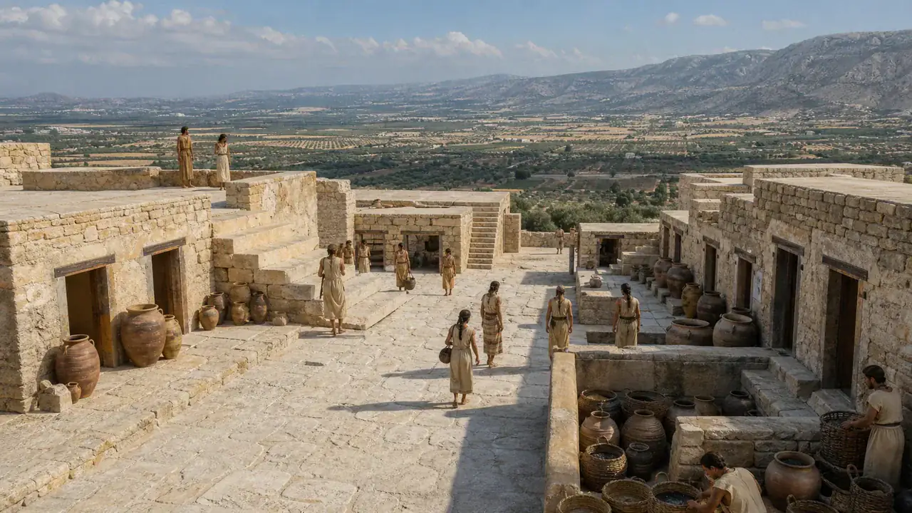 Recreación histórica específica de Otro patio, otra costa de Creta, Phaistos, Creta, Grecia, desde ca. 1900 a. C.