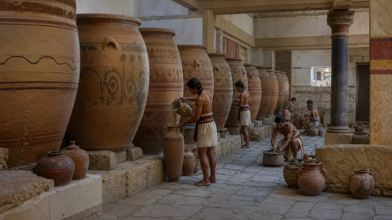 Recreación histórica específica de Guardar una cosecha en una vasija más alta que un niño, Knossos, Creta, Grecia, ca. 1450–1375 a. C.