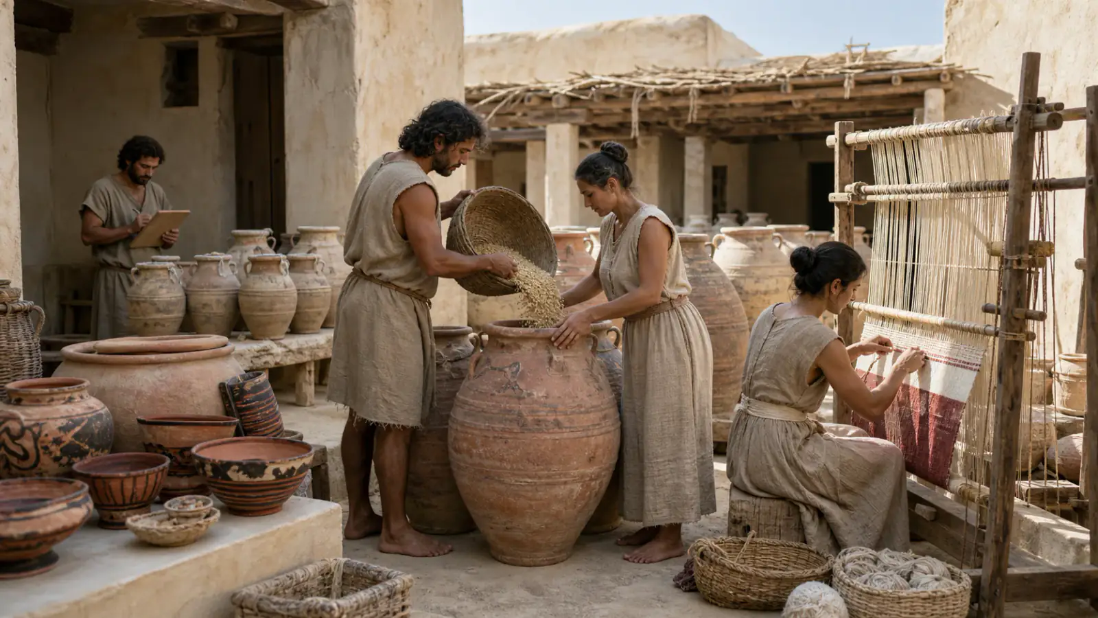 Detalle contextual de Cerámica roja y negra antes de los palacios, asociado a la tarjeta Trabajo, alimento y cuerpos