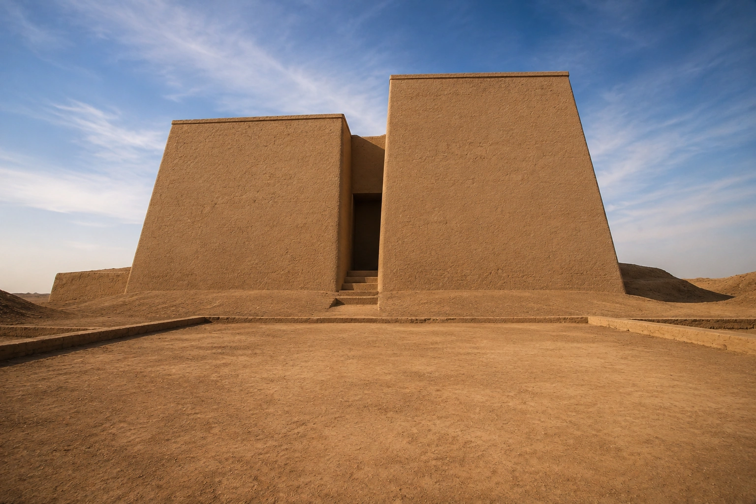 Hipótesis de la Deffufa occidental de Kerma durante su uso: dos masas de adobe mantenido y acceso retraído, sin reconstruir la ciudad completa.