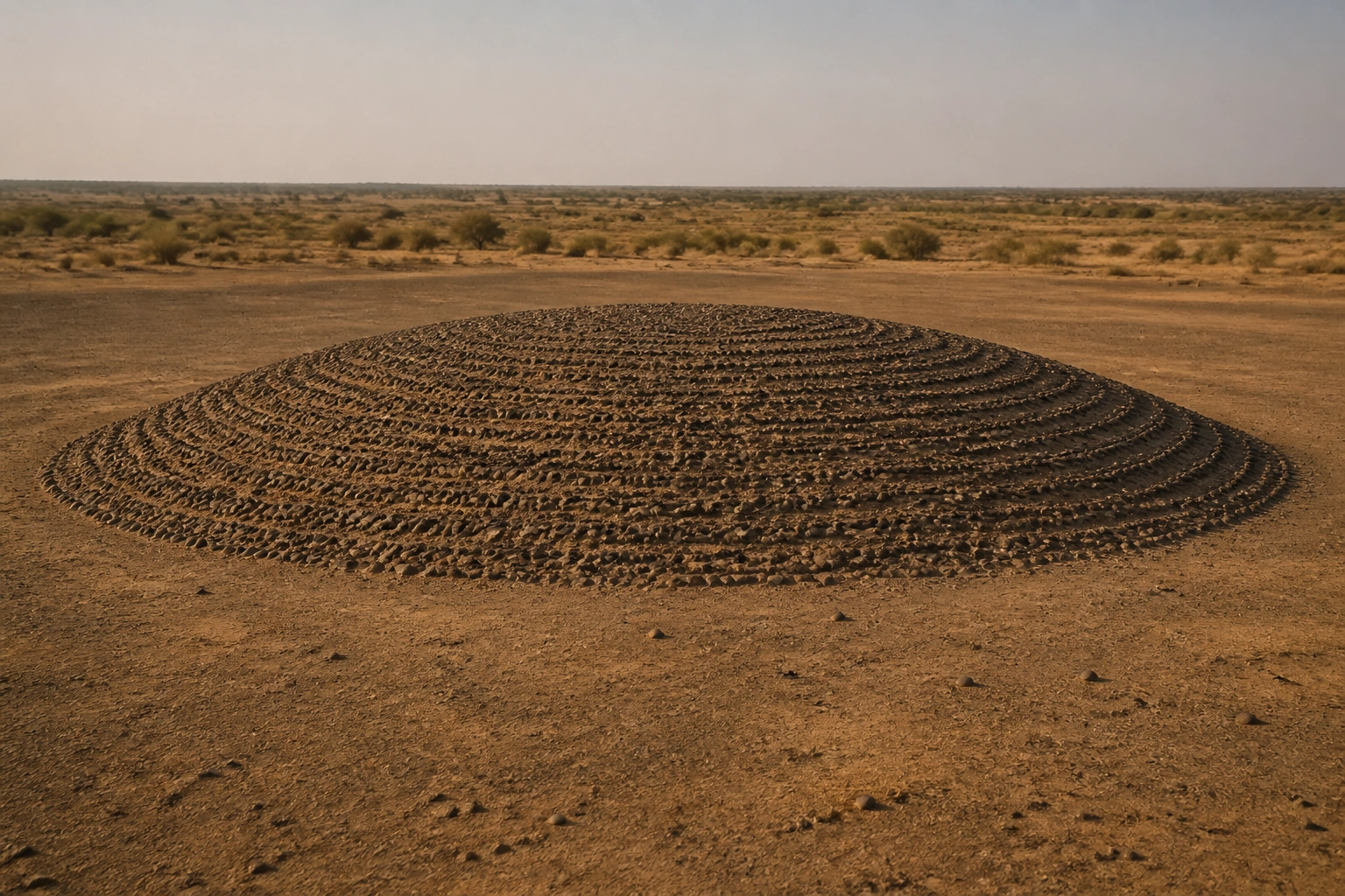 Hipótesis del túmulo t253 de Kerma hacia 2000 a. C., cerrado y cubierto con hileras de piedras oscuras; altura y disposición superficial interpretativas.