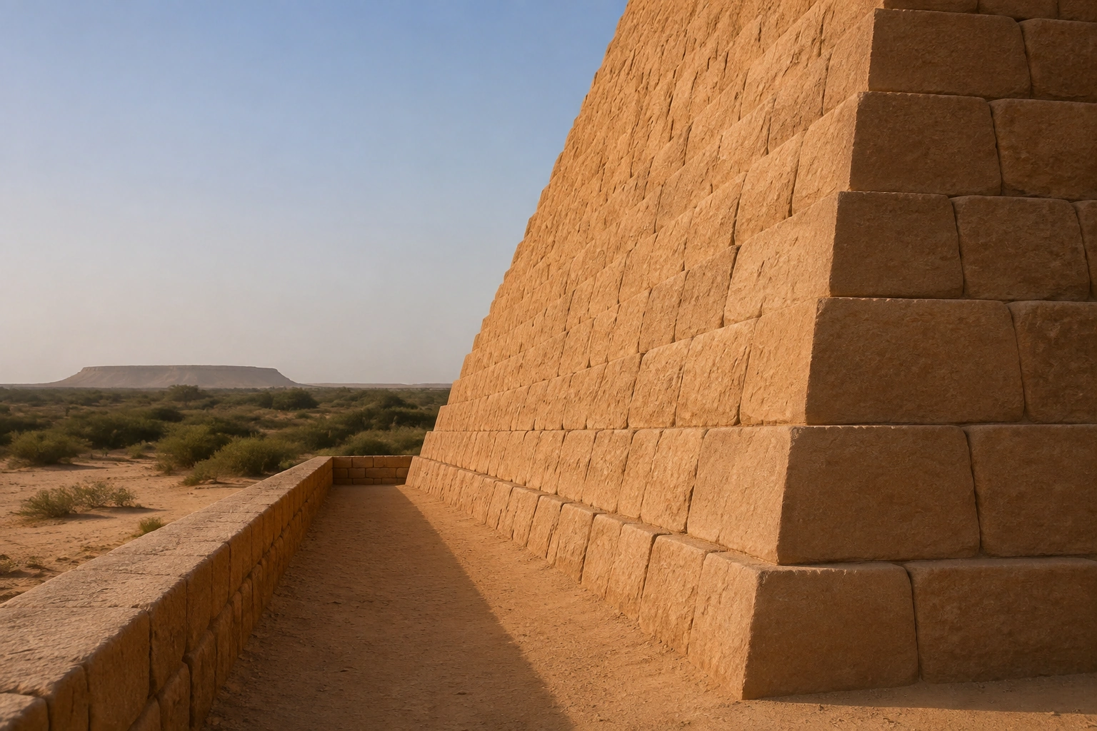 Reconstrucción parcial de la fábrica exterior y el corredor perimetral de la pirámide Nu1 de Taharqa en Nuri, hacia 664 a. C.; la cumbre queda fuera de campo por su altura incierta.