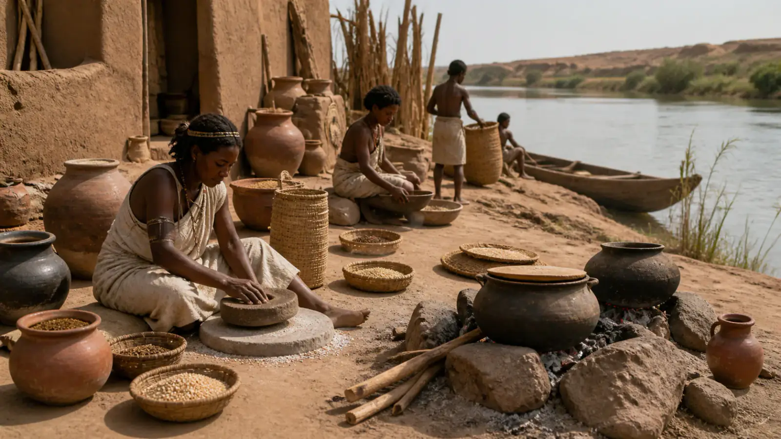 Detalle contextual de Un vaso nubio hallado en Abydos, asociado a la tarjeta Casa, alimento y movilidad cotidiana