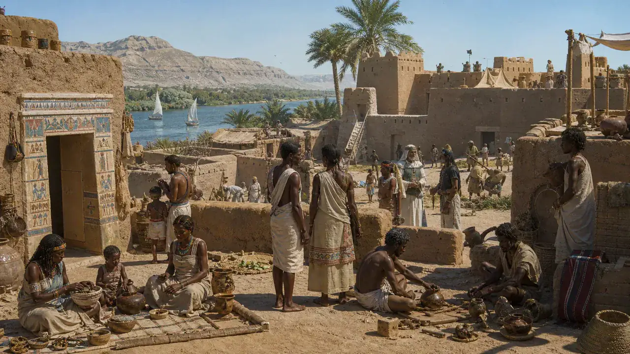 Recreación histórica específica de Cuando el imperio egipcio llegó al sur, Nubia, actual Sudán, desde ca. 1550 a. C.