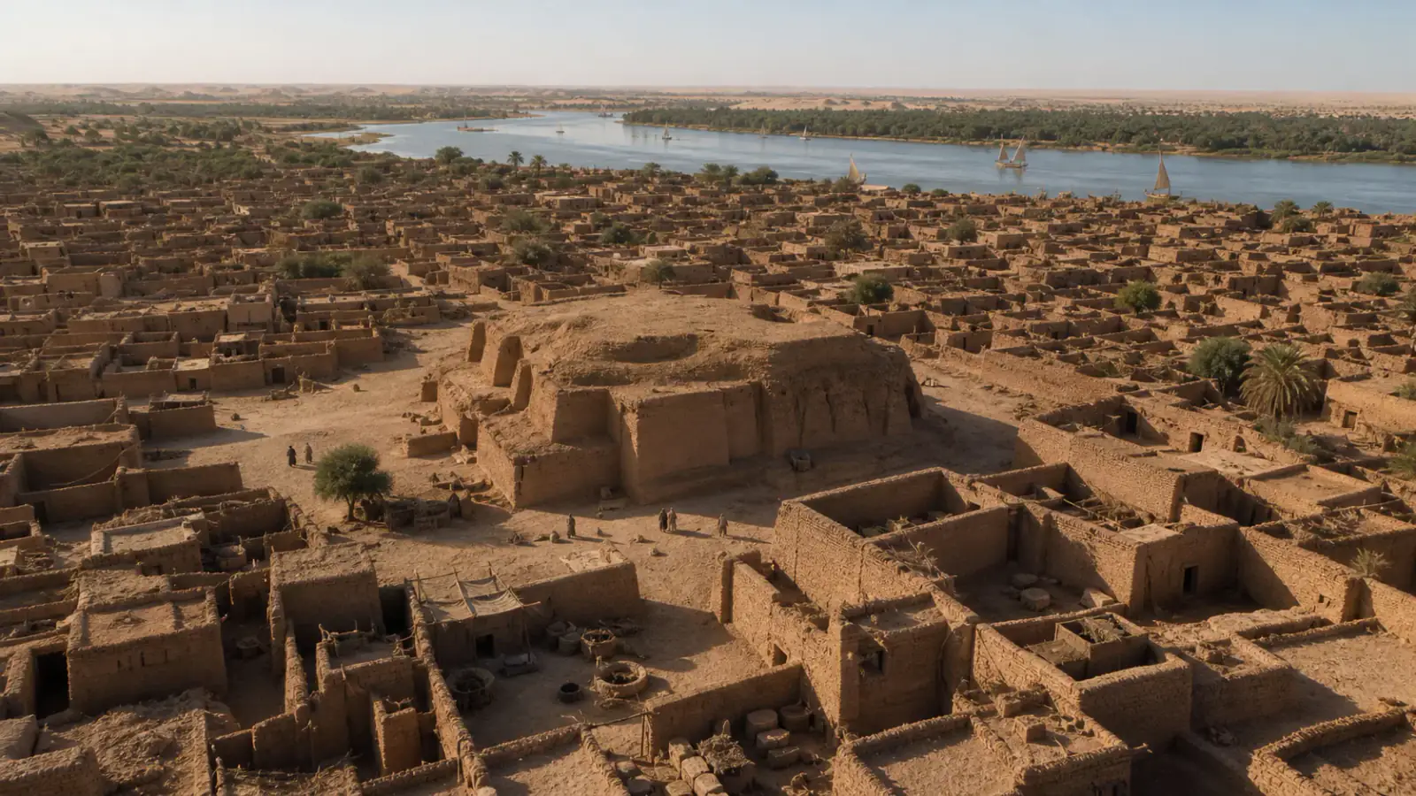 Recreación histórica específica de Kerma: una ciudad nubia junto al Nilo, Kerma, norte de Sudán, ca. 2500–1500 a. C.