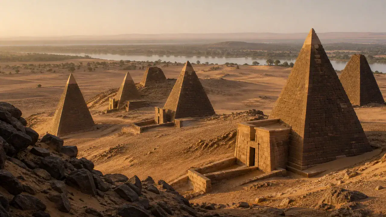 Recreación histórica específica de Pirámides de Kush, tumbas bajo la arena, Nuri, Sudán, ca. 700–300 a. C.