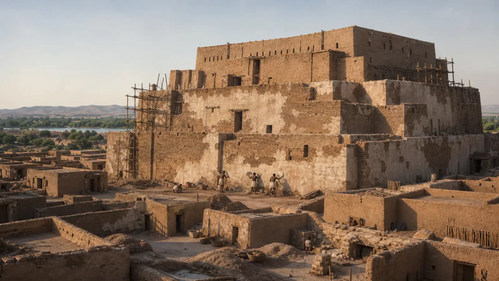 Recreación histórica específica de Un santuario de adobe más alto que el desierto, Kerma, Sudán, ca. 2050–1750 a. C.