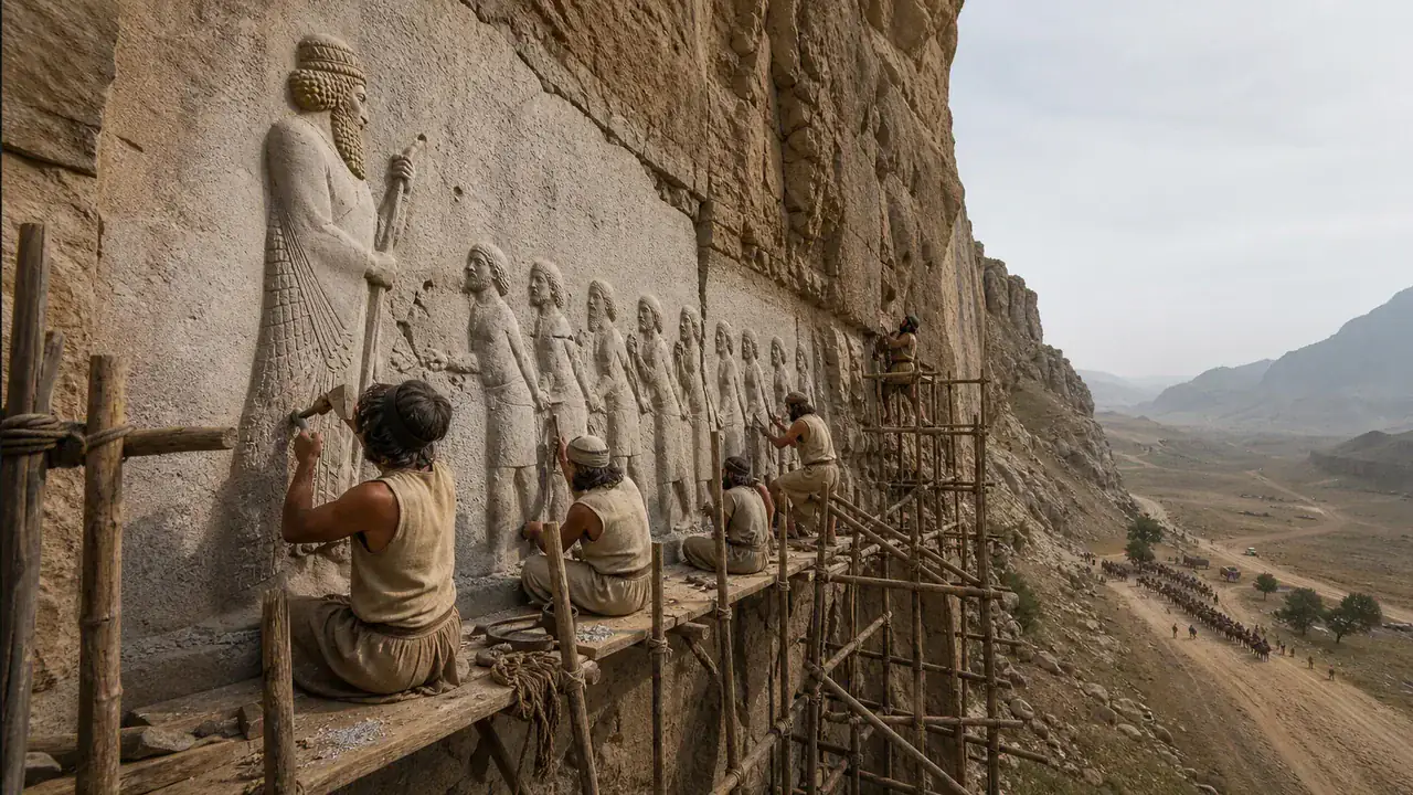 Recreación histórica específica de Bisotun y la fabricación de Darío, Bisotun, Kermanshah, Irán, 521–520 a. C.