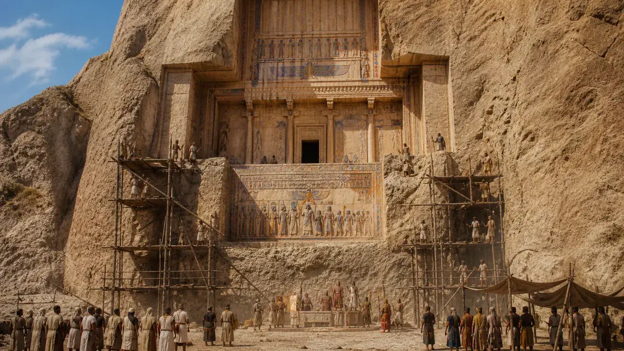 Recreación histórica específica de La tumba de Darío en Naqsh-e Rostam, Naqsh-e Rostam, cerca de Persépolis, Fars, Hacia 486 a. C.