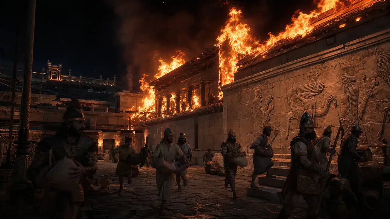 Recreación histórica específica de Persépolis después de Alejandro, Persépolis, Fars, Irán, 330 a. C.