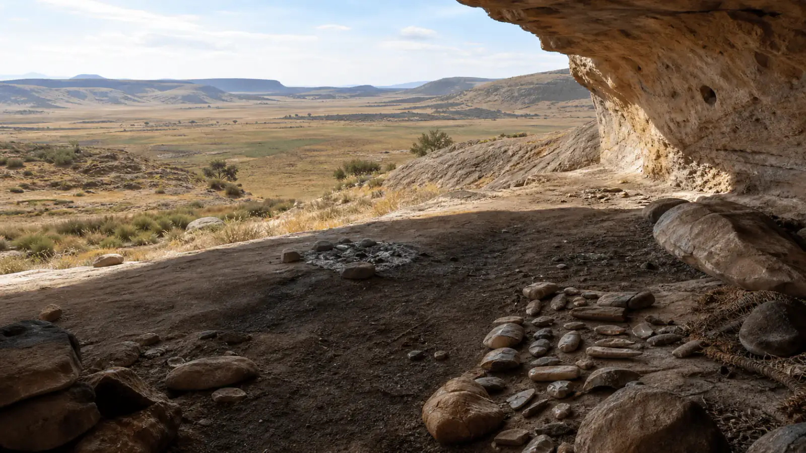 Reconstrucción editorial de una comunidad histórica san junto a un abrigo del África austral