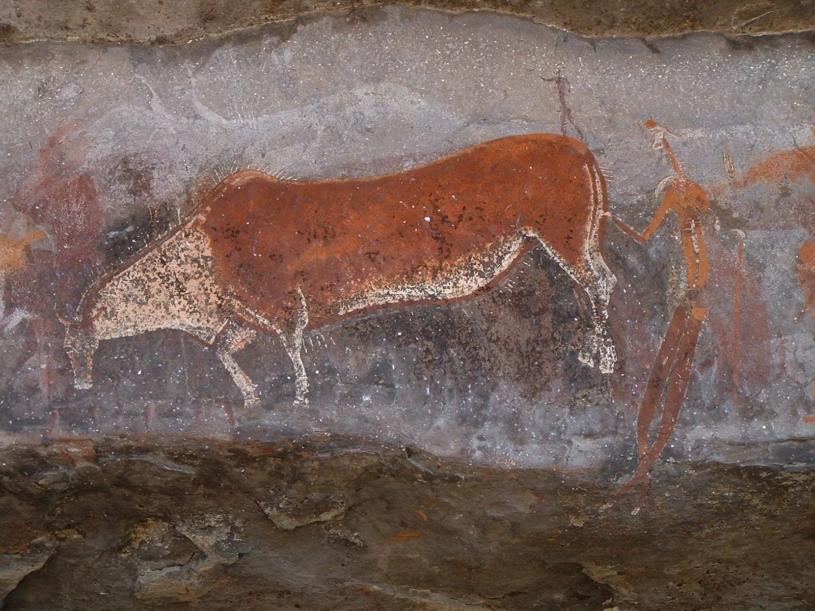 Pintura rupestre de Game Pass: un eland de cabeza baja y una figura antropomorfa junto a su cola, fotografiados en 2004 por Alan Manson.