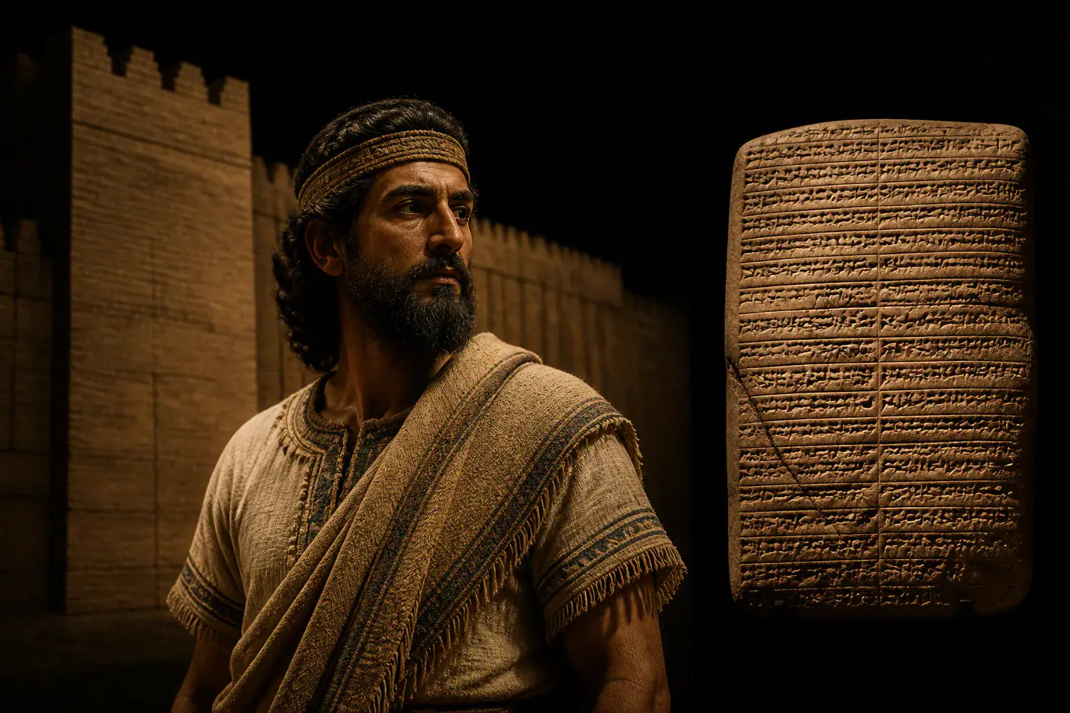 Interpretación visual de Gilgamesh junto a una tablilla y la muralla de Uruk