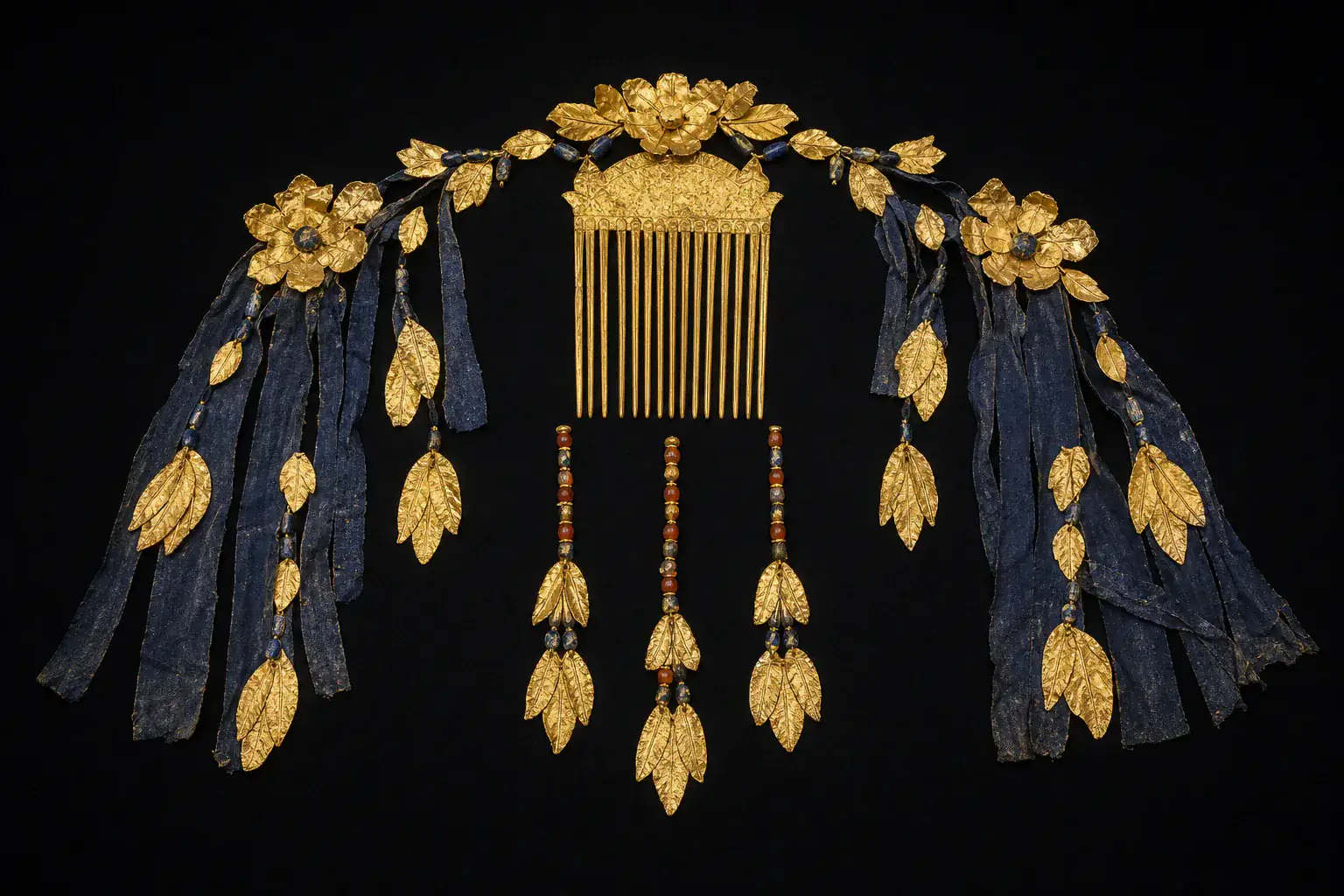 Reconstrucción museográfica de componentes del tocado de Puabi sobre fondo negro