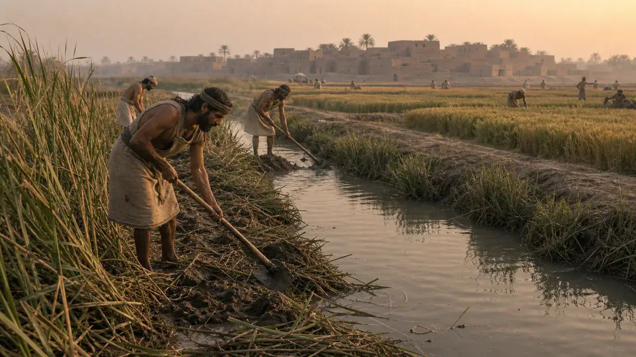 Recreación histórica específica de Mantener el agua, mantener la ciudad, Llanura aluvial del Tigris y Éufrates, Irak, IV–III milenio a. C.