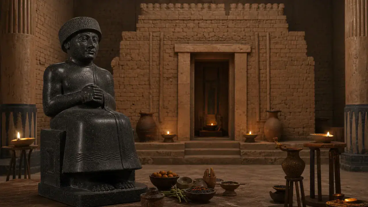 Recreación histórica específica de Una estatua que nunca deja de rezar, Probablemente Girsu, Lagash, Irak, ca. 2090 a. C.