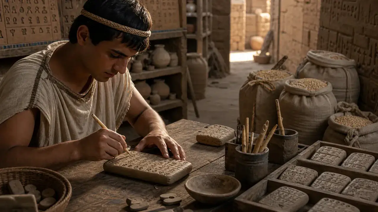 Recreación histórica específica de La tablilla que aún no cuenta una historia, Mesopotamia; procedencia exacta no registrada, ca. 3100–2900 a. C.