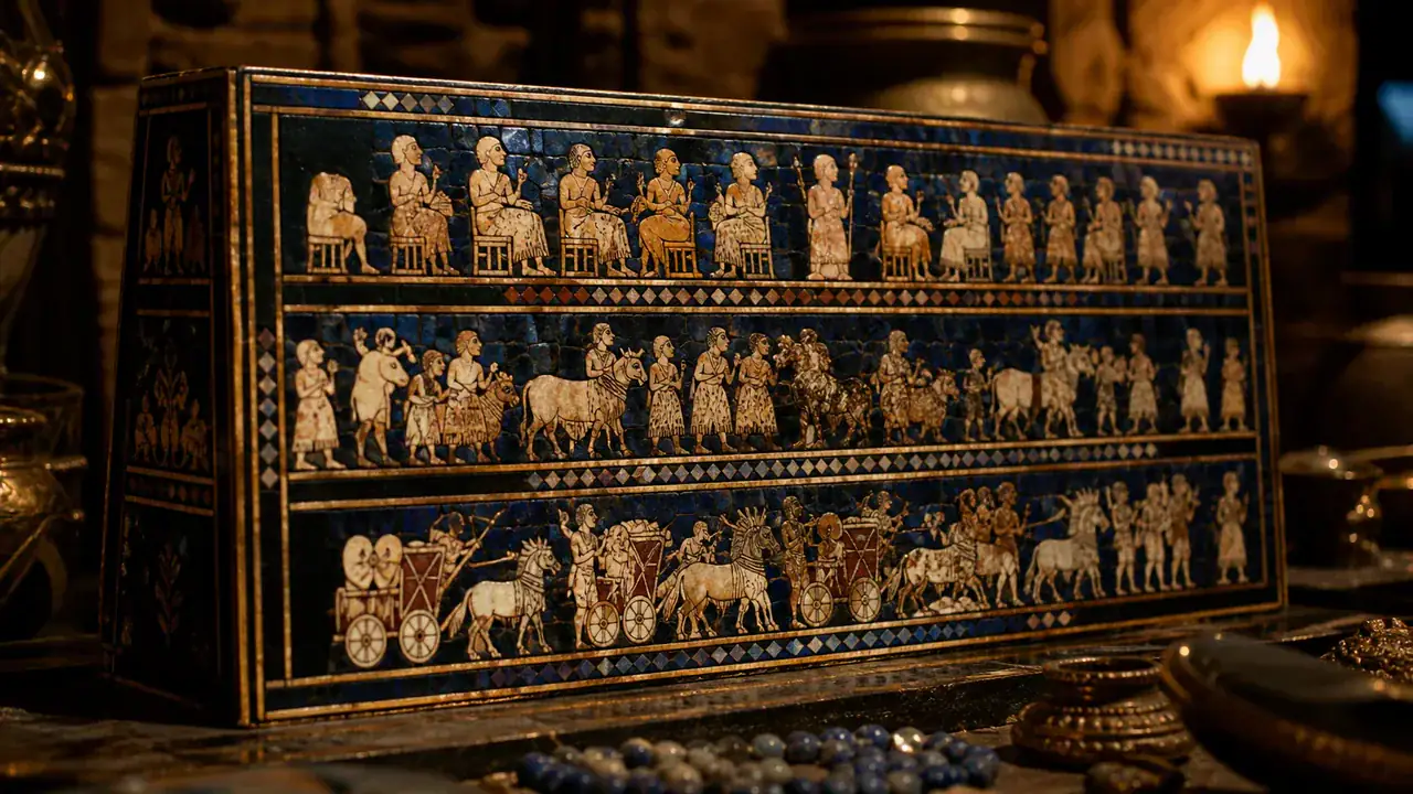 Recreación histórica específica de Guerra y banquete en una caja de madera, Ur, Irak, ca. 2600–2400 a. C.