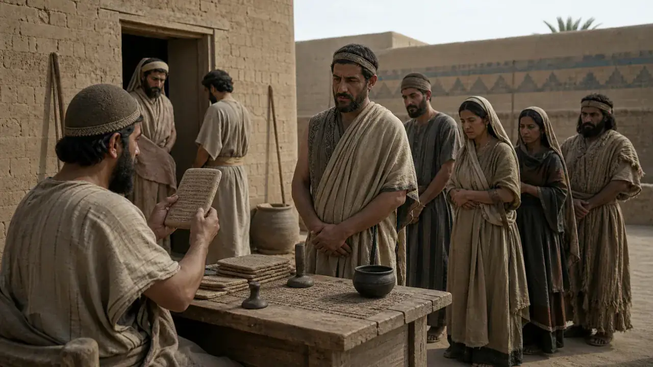 Recreación histórica específica de Cuando una ley se escribe antes de un juicio, Ur y sur de Mesopotamia, Irak, ca. 2100–2050 a. C.