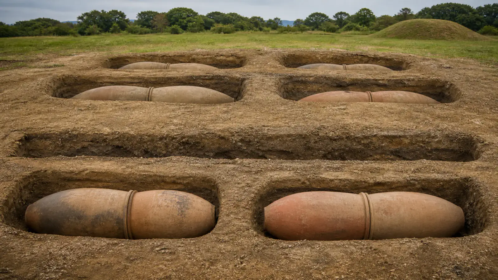 Detalle contextual de El camino de vasijas funerarias, asociado a la tarjeta Muerte, memoria y legado