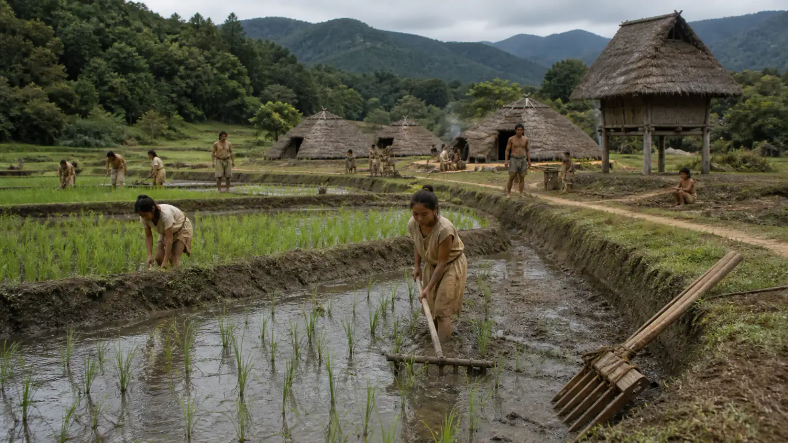 Recreación histórica específica de Los campos inundados de Itazuke, Itazuke, Fukuoka, Kyushu, Desde la fase inicial Yayoi, en torno a los siglos X–VIII a. C. según la cronología larga