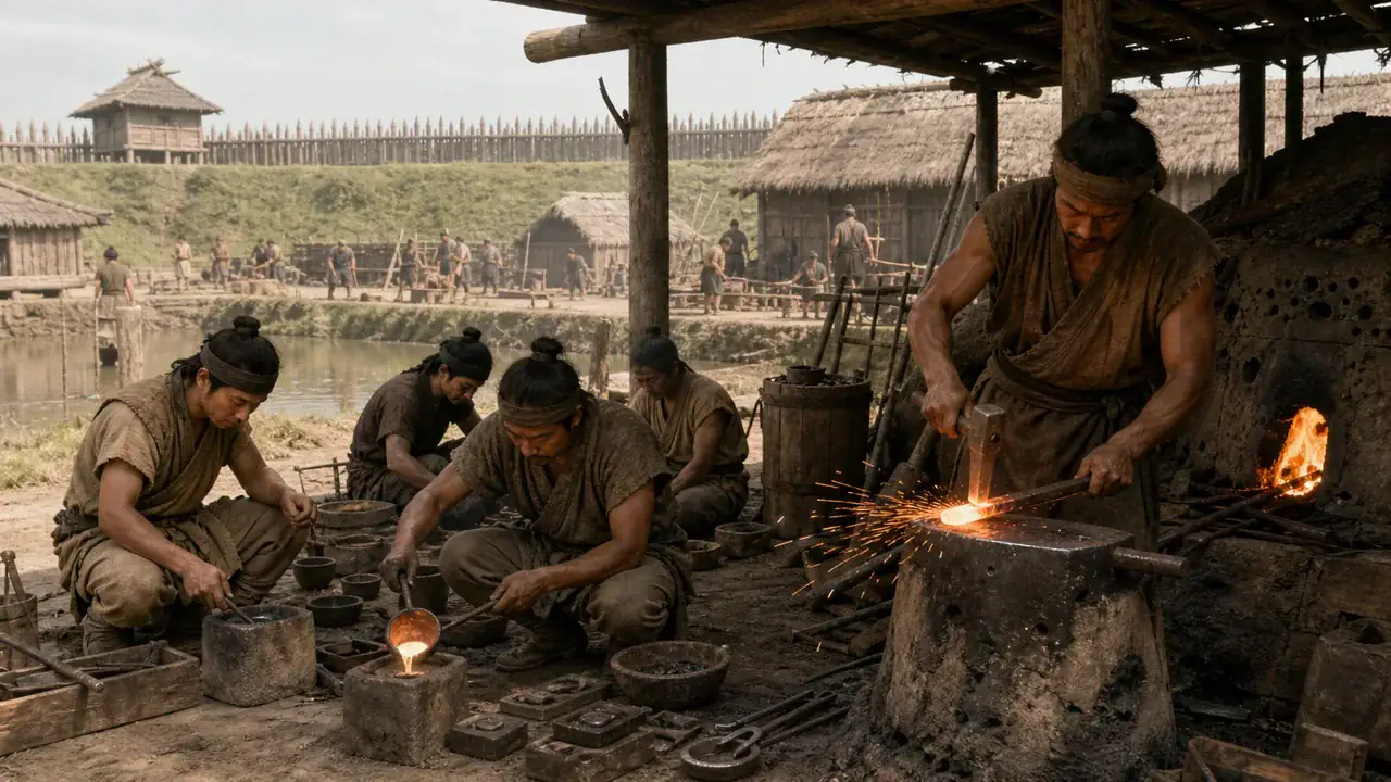 Recreación histórica específica de Karako-Kagi y la producción de metal, Karako-Kagi, Tawaramoto, Nara, Siglos IV a. C.–III d. C., auge en Yayoi medio y tardío