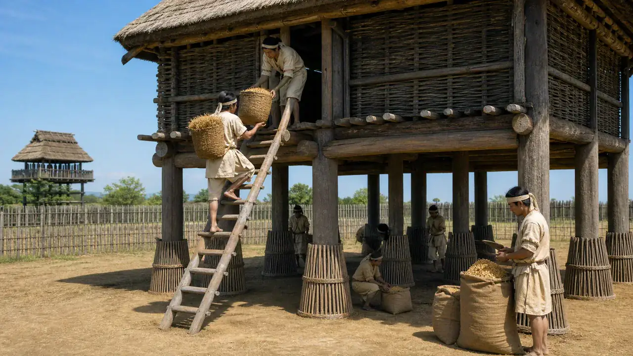 Recreación histórica específica de El granero elevado de Yoshinogari, Yoshinogari, Saga, Kyushu, Especialmente siglos I–III d. C.